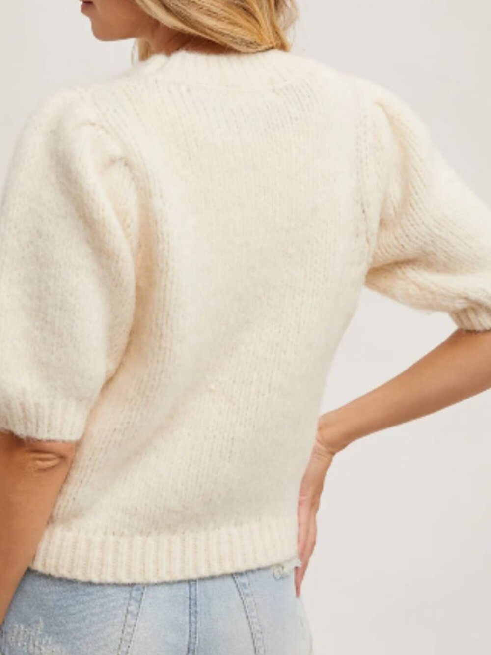 NWT CeCe  Puff Short Sleeve Wool-Blend Sweater in Marshmallow Cream Large - Picture 8 of 9
